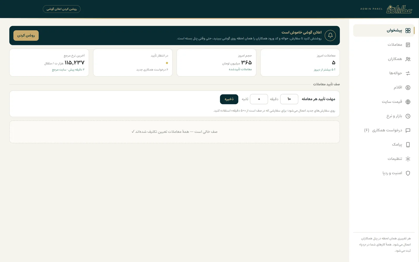 پیشخوان پنل مدیریت عطارزاده با خلاصه معاملات روز و صف تأیید