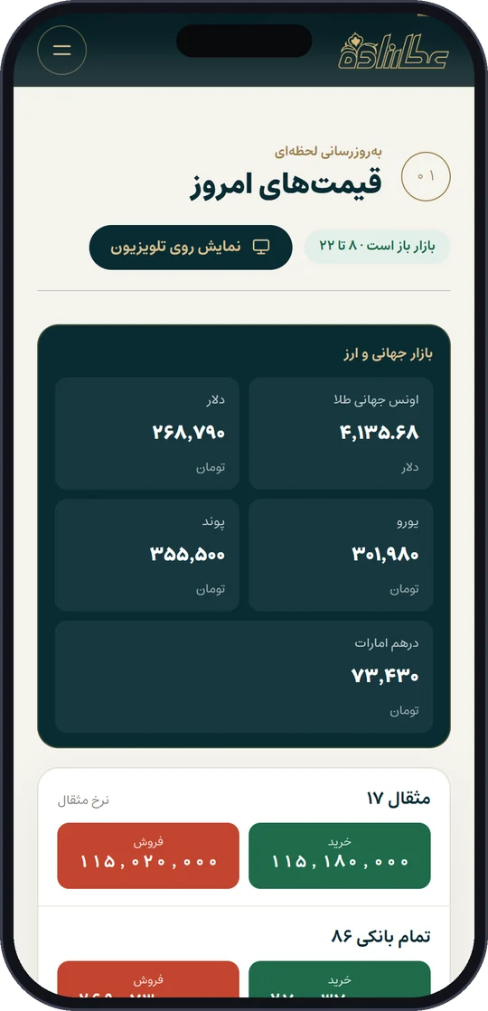 نرخ لحظهای طلا و سکه در وبسایت عطارزاده