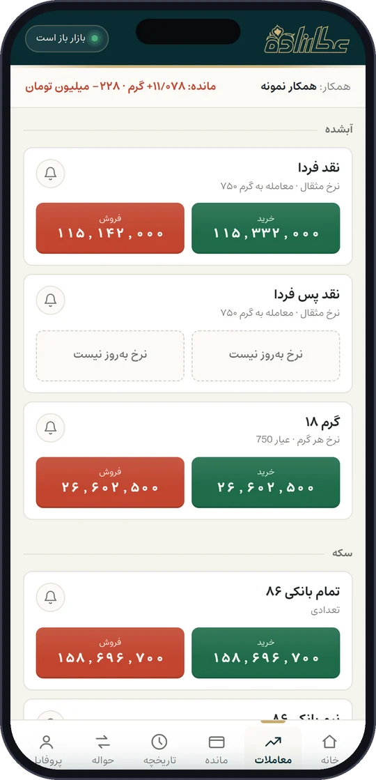صفحه معاملات در پنل همکاران عطارزاده