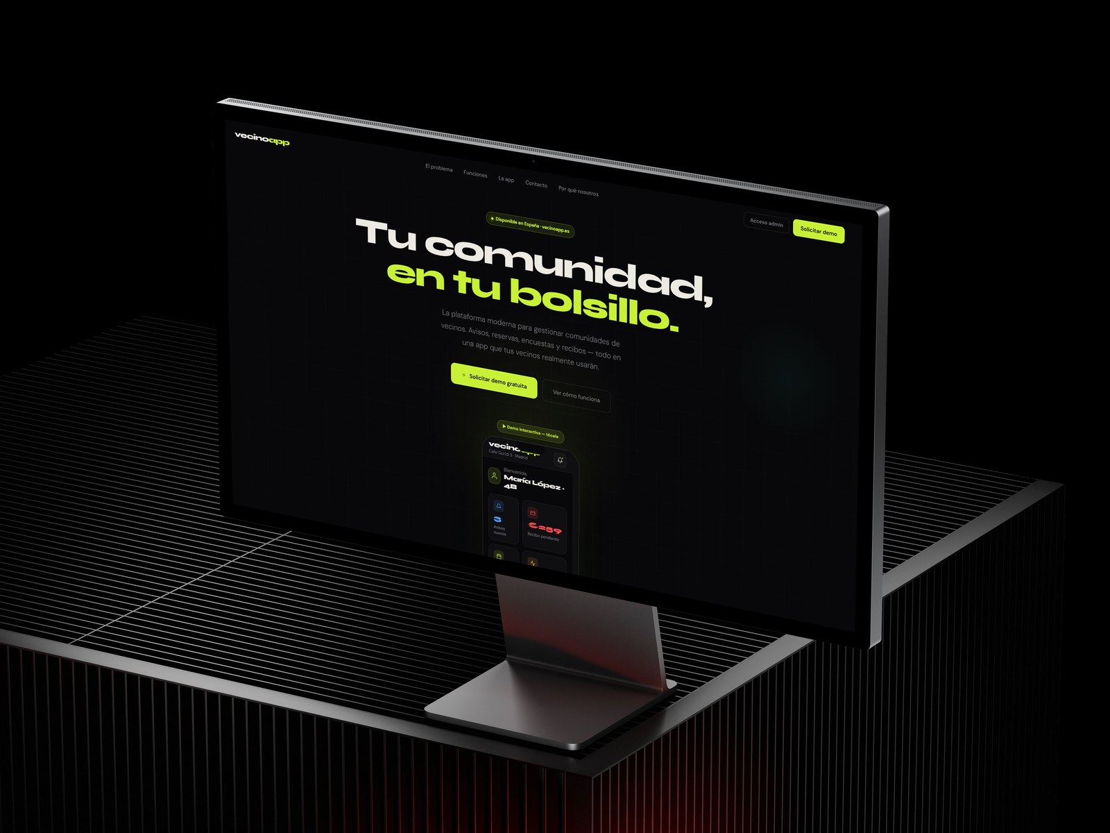 Vecinoapp landing page on monitor